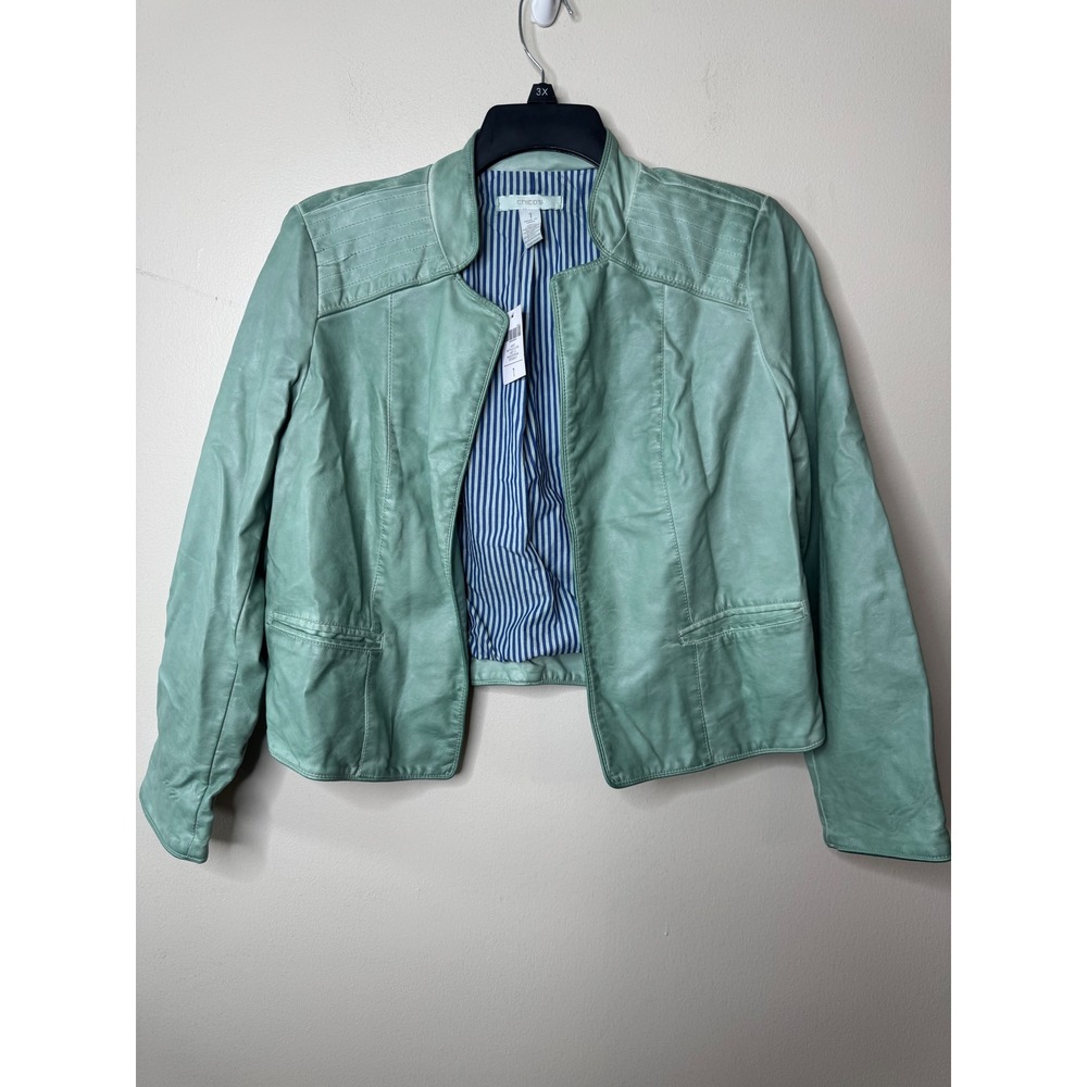 Chico's Winchester Sage Mint Faux Leather Jacket Quilted Shoulder